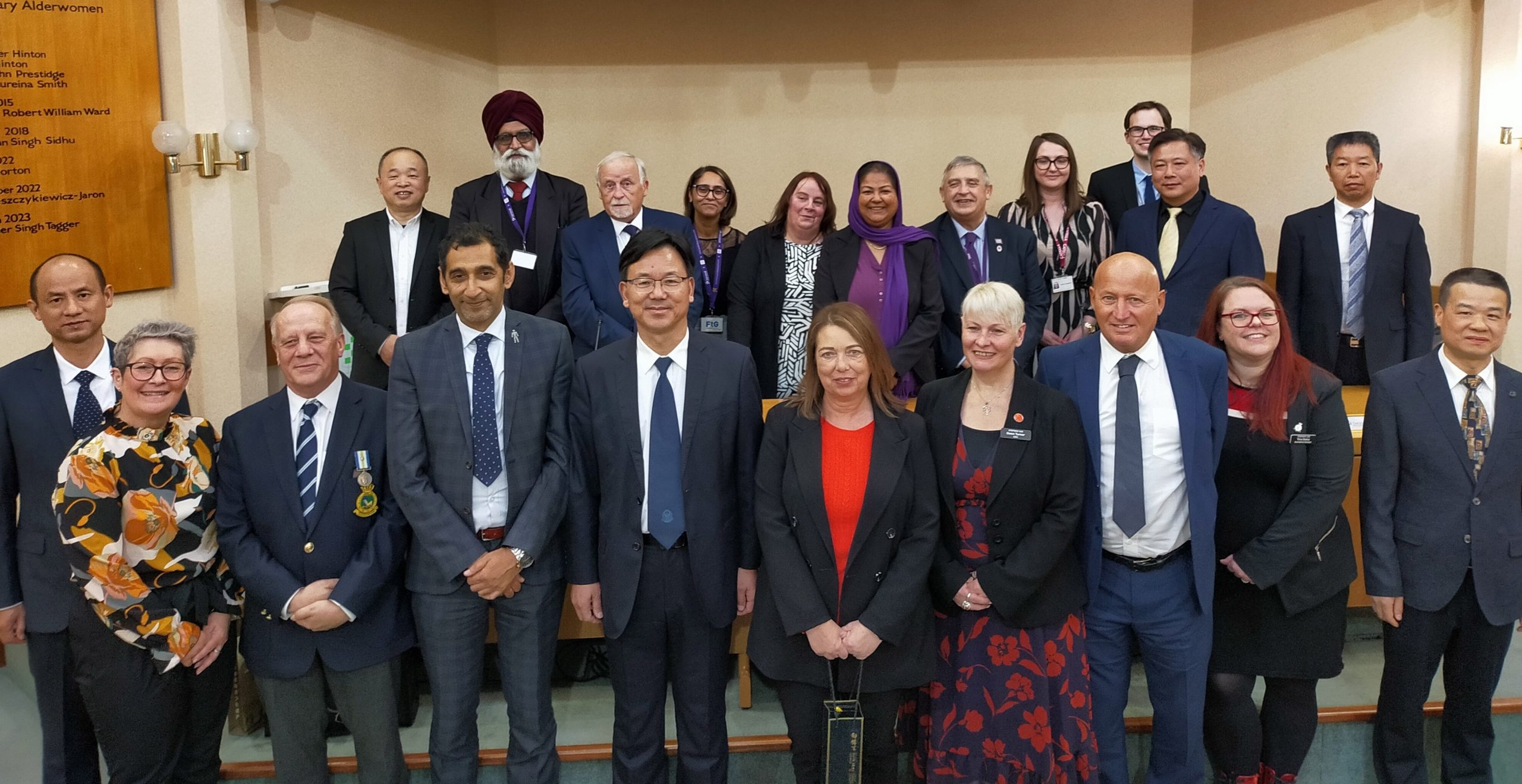 Our visitors from Hangzhou with Sandwell Council colleagues in the Sandwell Council chamber, Oldbury