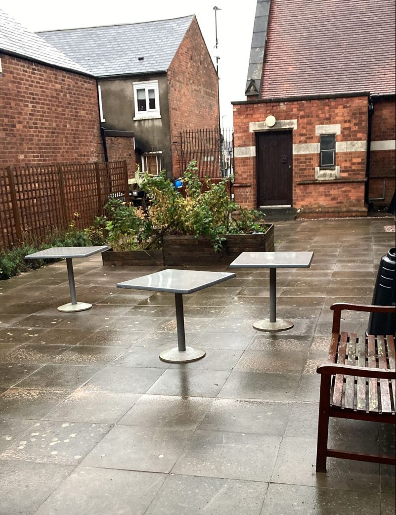 Clean and inviting patio garden at St Mary's Church in Bearwood